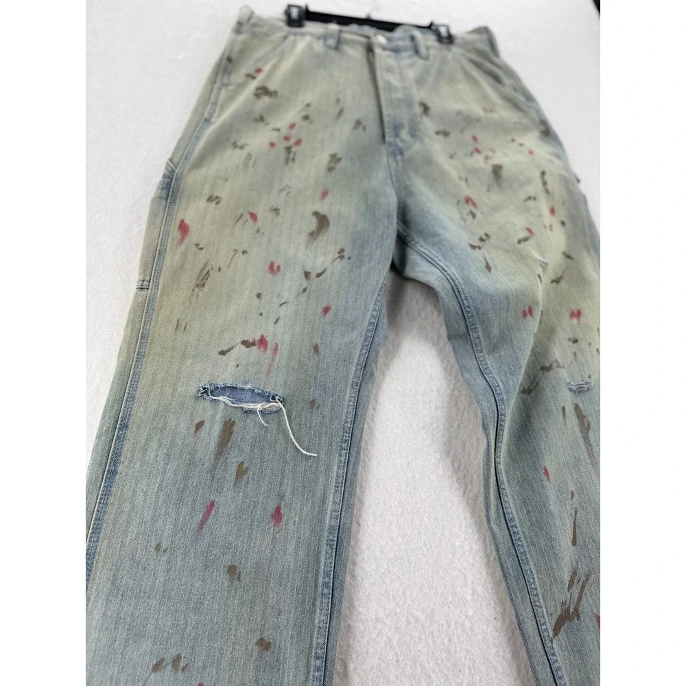 mnml - Carpenter Pants Paint Splatter Distressed Herringbone - Blue - 34 - Mens
